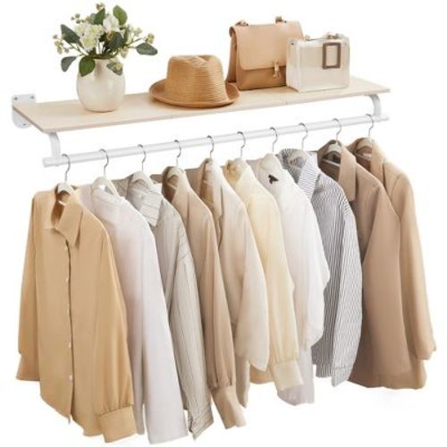 Clothes Rack with Top Shelf, Wall Mounted Clothing Rack, with Hanging Rod, Entryway, Bedroom, Closet, Beige and White