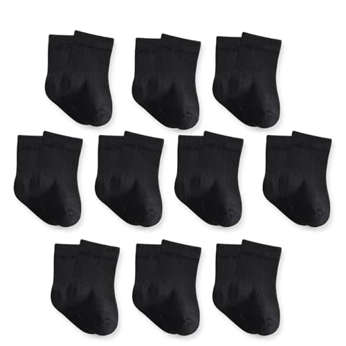 Baby Crew Socks, Cotton Rich Newborn Fit 0–3/3–6/6–12 Months, Black White Gray 10 Pack for Girls & Boys