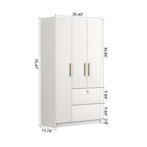 Nathaniel Home 3 Door Wardrobe with Drawers, Freestanding Bedroom Armoires, Clothes Storage Cabinet with Hanging Rod, Modern Wardrobe Closet, White