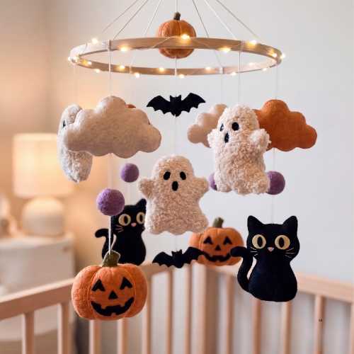 Halloween Baby Mobile, Felt Ghost Pumpkin Black Cat Crib Mobile, Spooky Nursery Decor, Baby First Halloween Gift, Hanging Nursery Mobile
