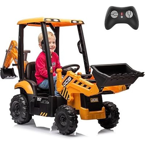 12V JCB Ride On Excavator, Ride on Toys for Kids 4-8, Electric Car for Kids with Tractor, Bulldozer, Digging Arm, Backhoe Loder with Slow Start/Stop, Adjustable Speeds (Excavator, Yellow with Roof)