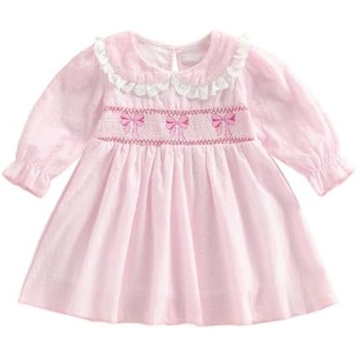 Toddler Baby Girl Christmas Outfit Doll Collar Smocked Dress Xmas Santa Claus Embroidery Dresses Holiday Clothes