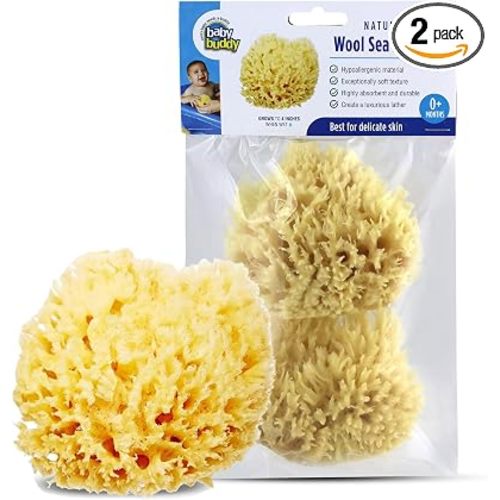 Baby Buddy Natural Wool Sea Sponge, Newborn Bath Time Essential, Ultra Soft for Delicate Skin, Hypoallergenic and Biodegradable, 2 Pack
