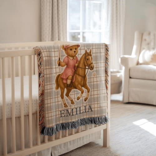 Personalized Polo Bear Girl Blanket, Horse Riding Baby Blanket with Name Custom Nursery Decor Baby Shower Gift for Equestrian Girl baby girl