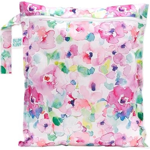 Bumkins Waterproof Wet Bag for Baby, Travel, Swim Suit, Cloth Diapers, Pump Parts, Pool, Beach, Gym Clothes, Toiletry, Hook to Stroller, Daycare, Zip Reusable Wetdry Packing Pouch, Watercolors Floral