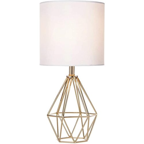COTULIN Gold Modern Hollow Out Base Bedroom Small Table Lamp,Bedside Nightstand Lamp with Geometric Metal Base White Fabric Shade,Cute Desk Lamp for Kids Living Room
