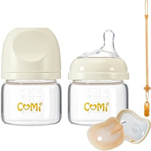 COMI Natural Glass Baby Bottles for Breastfeeding Babies,Newborn Anti-Colic Baby Bottle Set with Slow Flow Nipple,0-3 Months,BPA-Free,4 oz,2 Pack