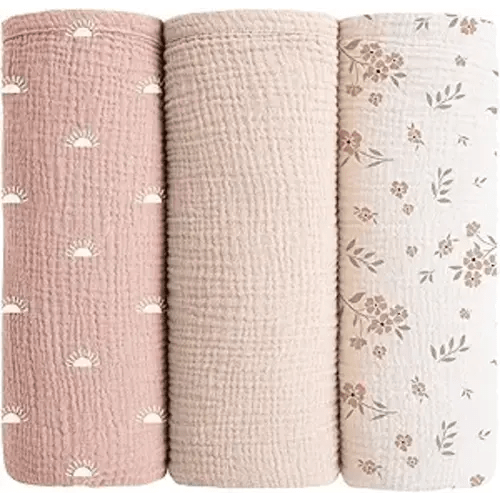 Konssy Muslin Swaddle Blankets for Baby Girls Boys, 3 Pack Receiving Blanket Large 47 x 47 inches, Soft Breathable Muslin Baby Blanket for Unisex Newborn (Peach Blossom Sun)