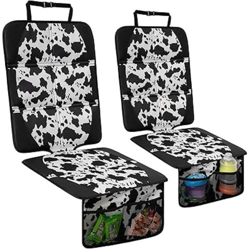 Car Seat Protector for Child Car Seat, 2 Pack Baby Car Seat Covers with Mesh Pockets & Non-Slip Backing 600D Durable Seat Protector Under Baby Car Seat for Car Back Seat (Cow Print, Large)