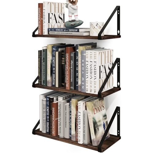 BAMEOS Floating Shelves Rustic Wood Wall Shelf, Small Bookshelf for Living Room, Office, Bedroom, with Metal Bracket