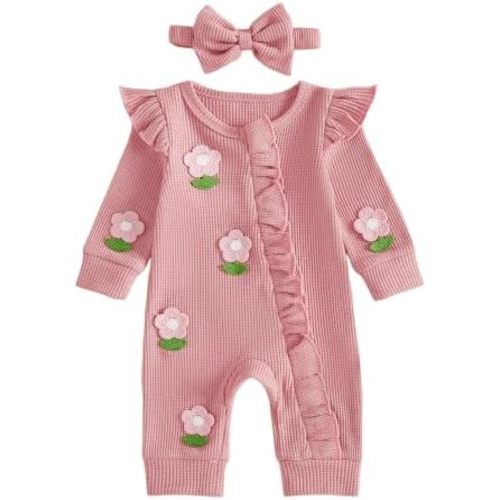 Newborn Baby Girl Clothes Coming Home Outfits Floral Ruffle Romper Waffle Knit Zipper Jumpsuit Fall Winter