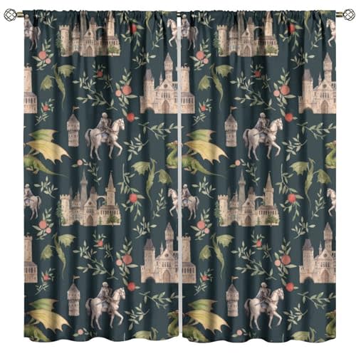 Dragon Curtains, Magical Medieval Castle Dragon Knights and Floral Pattern Window Treatments, Fairy Tale Print Blackout Drapes 2 Panel Set for Living Room Bedroom Kitchen21 W X 45"" L, Style-4
