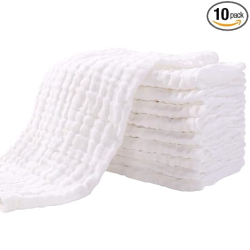 Yoofoss Muslin Burp Cloths for Baby 10 Pack 100% Organic Cotton Baby Washcloths for Boys Girls Large 20''X10'' Super Soft and Absorbent White