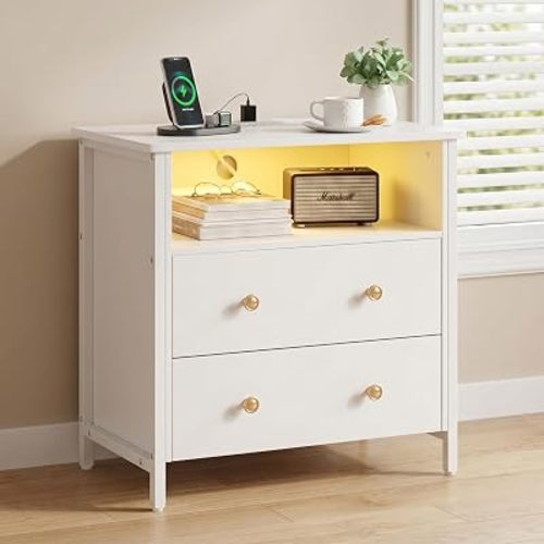 27 Inch LED Nightstand with Charging Station, 2 Drawers, White