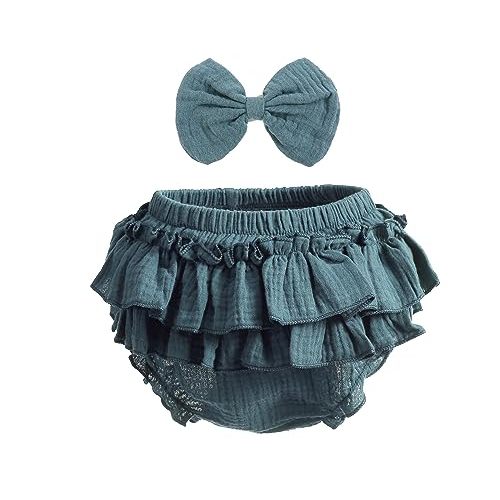 Newborn Infant Baby Girl Cotton Bloomers and Bows Toddlers Ruffle Shorts Diaper Covers Headband Set