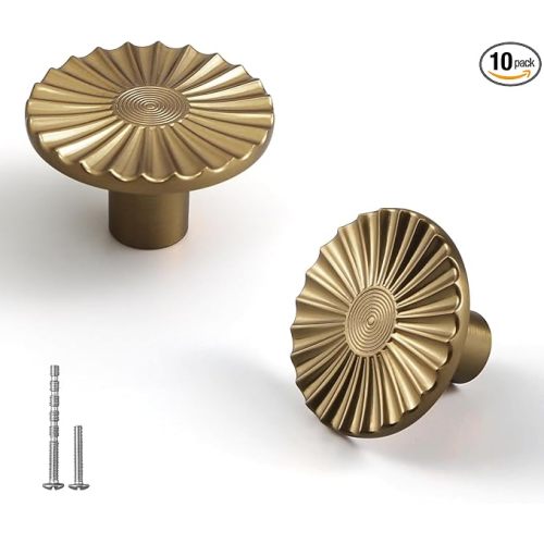 YAGU 10 Pack Champagne Bronze Sunflower Kitchen Cabinet Knobs 1-1/2 Inch Round Solid Dresser Drawer Knob Honey Bronze Furniture Hardware Dark Gold Floral Pulls for Closet Cupboard Wardrobe