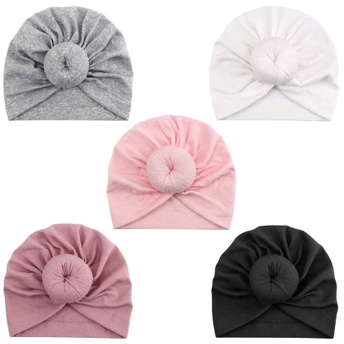 DRESHOW BQUBO 5 Pieces Baby Turban Hats Turban Bun Knot Baby Infant Beanie Baby Girl Soft Cute Toddler Cap