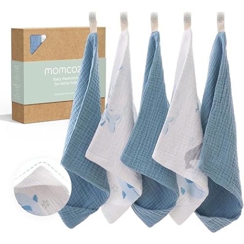 Momcozy Baby Washcloths - 4 Layer Design| Medium Thickness| Soft & Absorbent| Premium Cotton for Newborns' Skin-Great for Bathing, Wiping & on-the-go Use, Shower Gift and Essential(5 Pack, 10x10 inch)