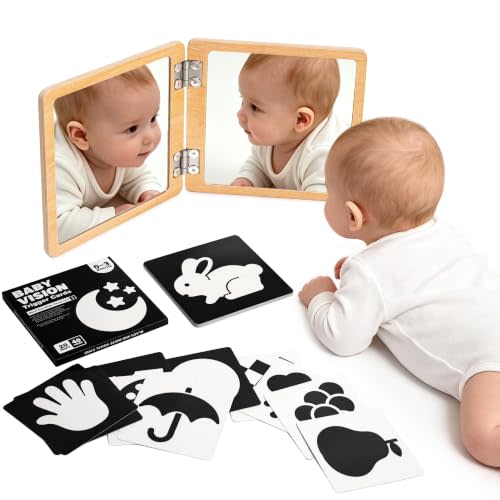 Tummy Time Mirror for Baby 0-6 Months, 2-Sided Adjustable Montessori Baby Mirror with 20 Double-Sided High Contrast Cards, Foldable Baby Floor Mirror