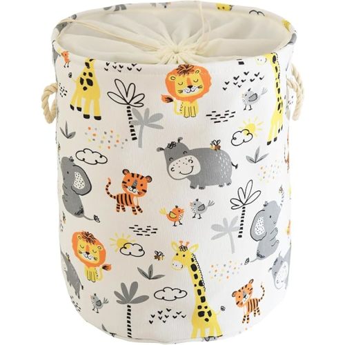 Baby Laundry Basket Cute Anima Kids Hamper for Room Decor, 42L Round Storage Basket With Handle for Boys Nursery, Dirty Clothes (Animals)