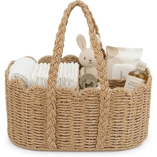 Diaper Caddy Organizer, Paper Rope Storage Baskets Nursery Bin with Removable Divider, Woven Scalloped Portable Car Organizer for Diapers, Baby Shower Gifts, Newborn Essentials Must Haves