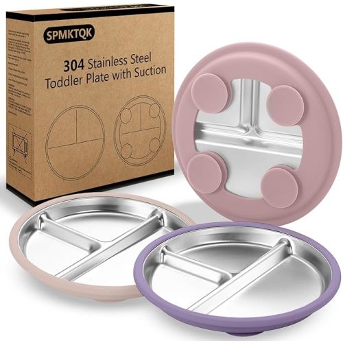 SPMKTQK 3Pack Stainless Steel Kids Plates, 8.1" Divided Kids Plate with Removable Silicone Suction Sleeves for Baby Highchairs, Non Toxic BPA Free Non-Slip Unbreakable Snack Lunch Plates
