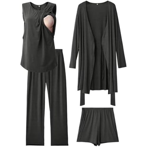 Rnxrbb 4 PCS Hospital&Home Nursing Pajamas Robe Set for Postpartum Pajama Maternity Breastfeeding Pj Birth Lounge Clothes