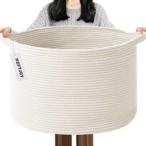 HZFTJOY 65L Large Blanket Basket,19.7" L x 19.7" W x 13" H Rope Woven Baskets with Handles, Toys Storage Bins,Laundry Basket Perfect for Living Room, Nursery,Bedroom,Home Organization,White