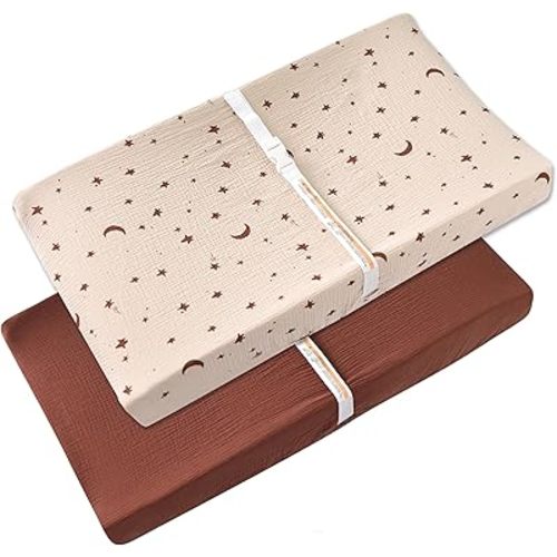 Changing Pad Cover for Baby Girls Boys - 100% Organic Cotton Muslin Changing Pad Sheets with Secure 360° Elastic Fit, Ultra-Soft for Delicate Skin, 2 Pack