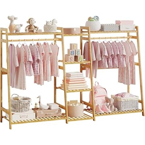Kids Clothing Rack with Shelves, Bamboo Clothes Garment Rack for Kids Child Baby, Kids Dress Up Storage Rack with Top Shelf, Toddlers Wardrobe Closet for Nursery (Large Size)