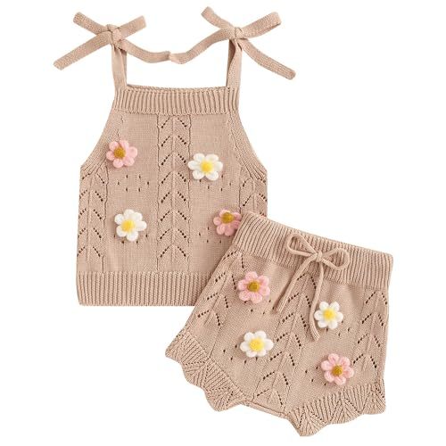 Toddler Baby Girl Summer Clothes Sling Knit Romper Top Drawstring Shorts | Adjustable tie straps,snap crotch for easy diaper change.Cute casual summer wear for baby girls.
