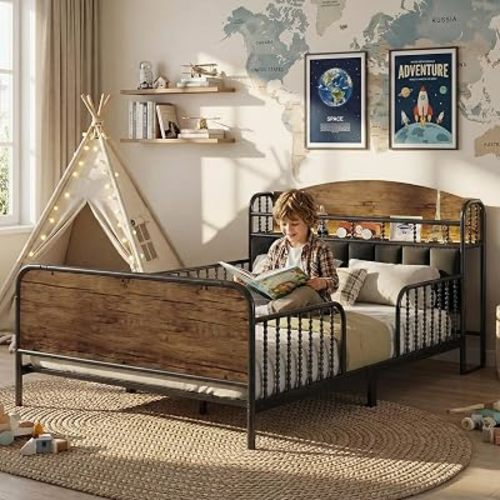 Full Size Kids Bed with Rails and Upholstered Storage Headboard, Metal Montessori Bed Frame with Led Lights, Modern Low Platform Bed with Slats Support for Girls Boys,Black