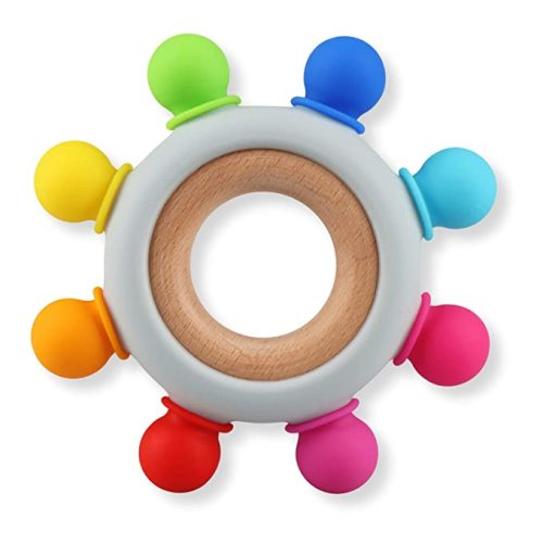 Baby Teething Toys, Silicone Chewable Toys with Organic Wooden Ring for Infants 3+ Months, Silicone Teething Toys for Soothing Sore Gums, Sucking Needs (6 Directions, Khaki)