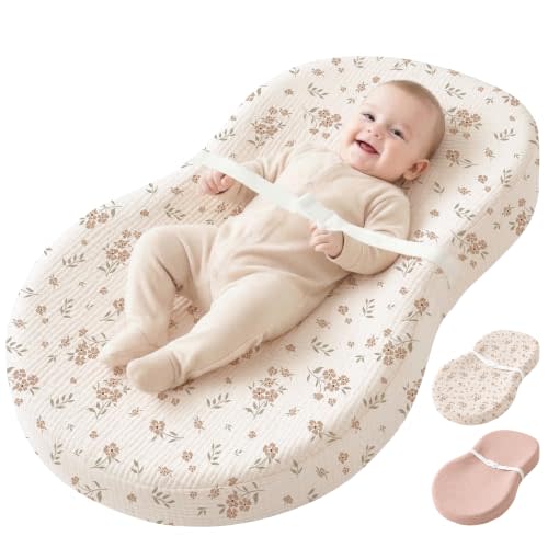 Konssy Baby Changing Pad Set with Waterproof Lining & 2 Pack Muslin Covers | Soft Foam Support, Contoured Sides, Non-Slip Base, Diaper Changing Pad for Dresser, 32" x 18", Avocado (Blossom,Pink)
