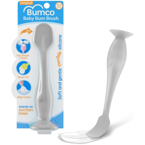 Bumco Baby Bum Brush - BPA-Free Diaper Cream Spatula with Suction Cup Base, Soft & Flexible Silicone, Wipe-Clean, Mom-Invented Diaper Bag Essentials (Gray)