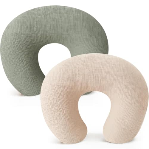 Konssy 2-Pack 100% Cotton Muslin Nursing Pillow Covers, Soft Cover for Baby | Covers Only, Breastfeeding Pillows Slipcovers for Baby Boys & Girls, Hidden Zipper, Machine Washable, (Fog Green, Cream)