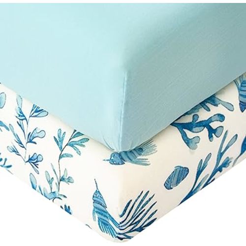 SDIII Ocean Pack N Play Sheets Fitted 2 Pack Stretchy Microfiber Jersey Knit Blue Mini Crib Sheets for Mattress 38x26 Soft Toddler Playard Bedding