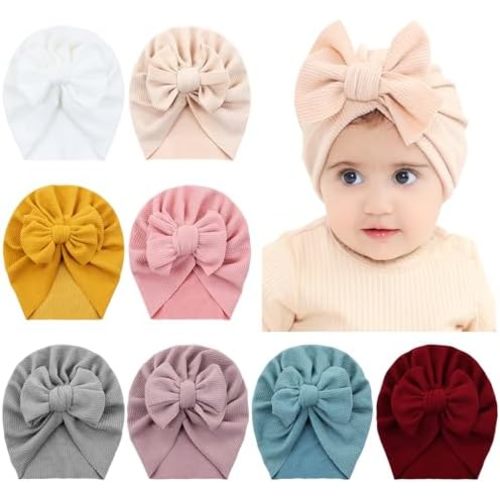 8 Pieces Baby Turban Hats with Big Bow Newborn Caps Beanies Bonnets Headwraps for Baby Girls Boys Infants Toddlers