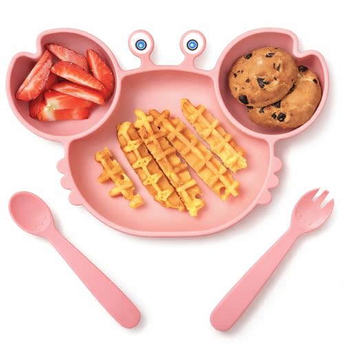 Suction Plates for Baby, Silicone Plates with Suction Divided, Baby Spoon Fork Set for Toddler Baby Dishes Kids Utensils-Crab Pink