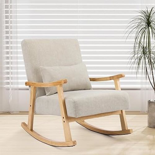 Zedachica Nursery Rocking Chair with High Backrest & Lumbar Pillow, Upholstered Glider Rocker Armchair with Solid Wood Base, Comfortable Accent Chair for Living Room, Bedroom, Nursery, Lightgrey