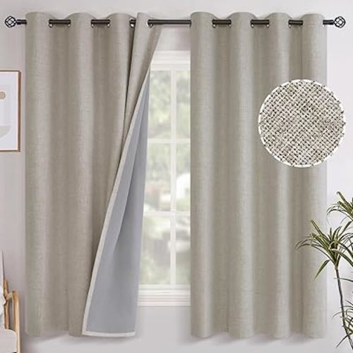 YoungsTex Camel Linen Blackout Curtains 63 Inch Length for Bedroom, Grommet Textured Darkening Window Drapes Thermal Insulated for Living Room Heat Blocking Privacy, 2 Panels, 52 X 63 Inch