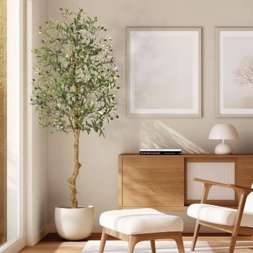Faux Olive Tree 6FT, Fake Silk Plant for Living Room Decor, Indoor Fake Potted Tree with Green Leaves and Big Fruits