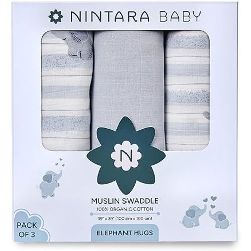 Swaddle - 100% Organic Premium Muslin Cotton, 39" x 39", Ultra-Soft, Breathable & Lightweight, Multipurpose, Unisex, Hypoallergenic, Gifts for Newborn Babies, Pack of 3