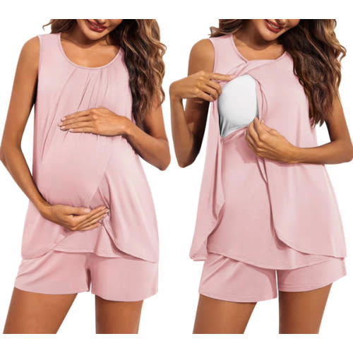 Ekouaer Women Maternity Nursing Pajama Set Breastfeeding Sleepwear Double Layer Sleeveless Top & Shorts Pregnancy PJS