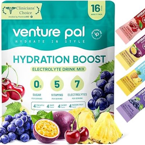 Venture Pal Sugar Free Electrolyte Powder Packets - Liquid Daily IV Drink Mix for Rapid Hydration & Party Recovery | 5 Vitamins & 7 Electrolytes| Keto Friendly | Non-GMO | Certified Vegan | 16 Sticks