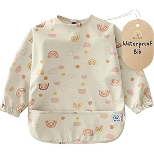 ARI MES Long Sleeves Waterproof Baby Bibs for Eating - Rainbow, Small - Wearable, Coverall for Toddler, Long Sleeve Bib, Smock Apron for Feeding - Applicable for 6-72 Months