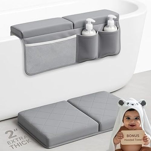 Bornealand® 2" Extra Thick Baby Bath Kneeler and Elbow Rest Pad Set + Hooded Towel - Embroidered Kneeling Pad for Bathing Baby - Dual-Layer Memory Foam Bathtub Kneeler and Elbow Rest Set
