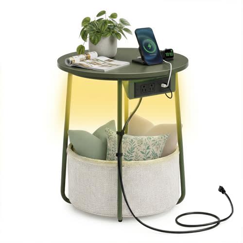 VASAGLE LILEA Collection - Side Table with Charging Station, Round End Table with Fabric Basket, LED Nightstand with USB Ports, Modern, for Living Room, Forest Green and Cream White ULET227C01