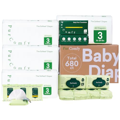 PurComfy Baby Diapers Essential Kit, 4 Pack Size 3 Diapers (168 Ct), 6 Baby Wipes (360Ct), 4 Travel Pack Wipes (32Ct) and 2 Dry Wipes (120Ct), All in One Newborn Essentials Kit, Total 680 Ct