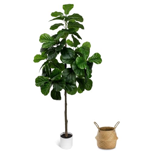 Artificial Fiddle Leaf Fig Tree 6FT - Large Fake Tree with White Planter&Basket, Tall Faux Ficus Lyrata Tree Floor Plants for Indoor Home Decor Office Living Room Housewarming Gift, 1Pack